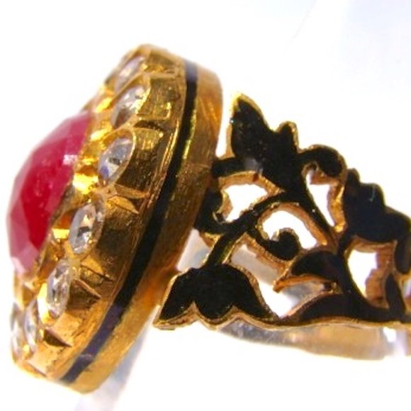 24K Gold--Jaipur 'The Gem Palace' -- Ruby Red & Rose Cut Diamonds Ring--Sz 8 - Picture 2 of 3